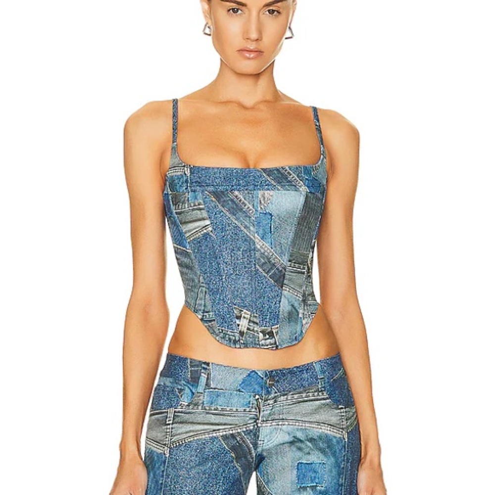 Miaou Denim Patchwork Corset Top - Blue